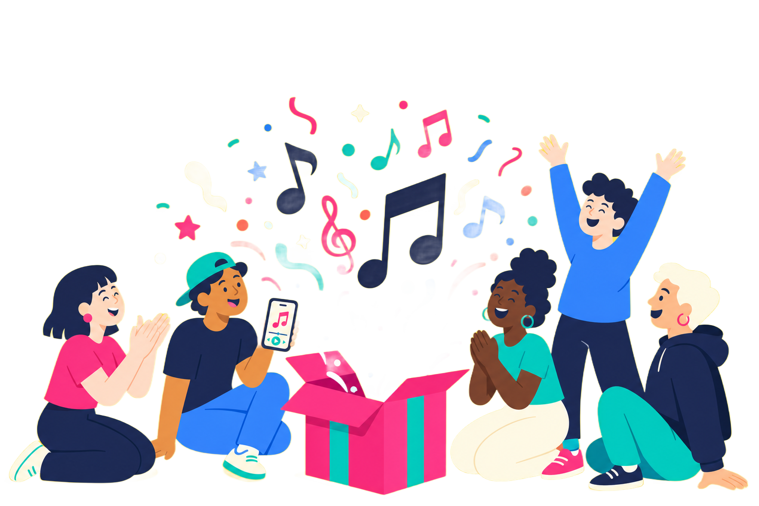 Friends celebrating around a gift box with music pouring out