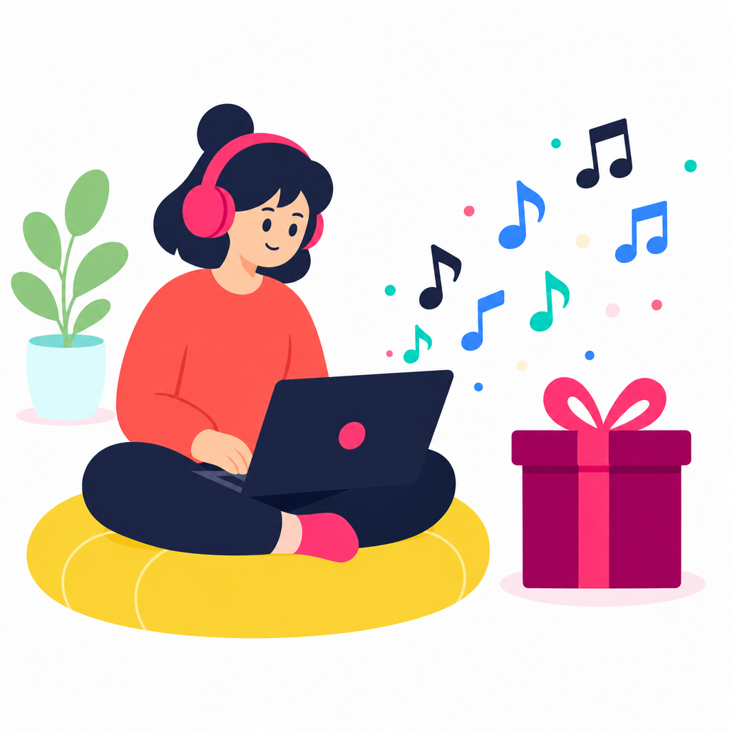 Writing a personalised song on a laptop, notes floating toward a gift