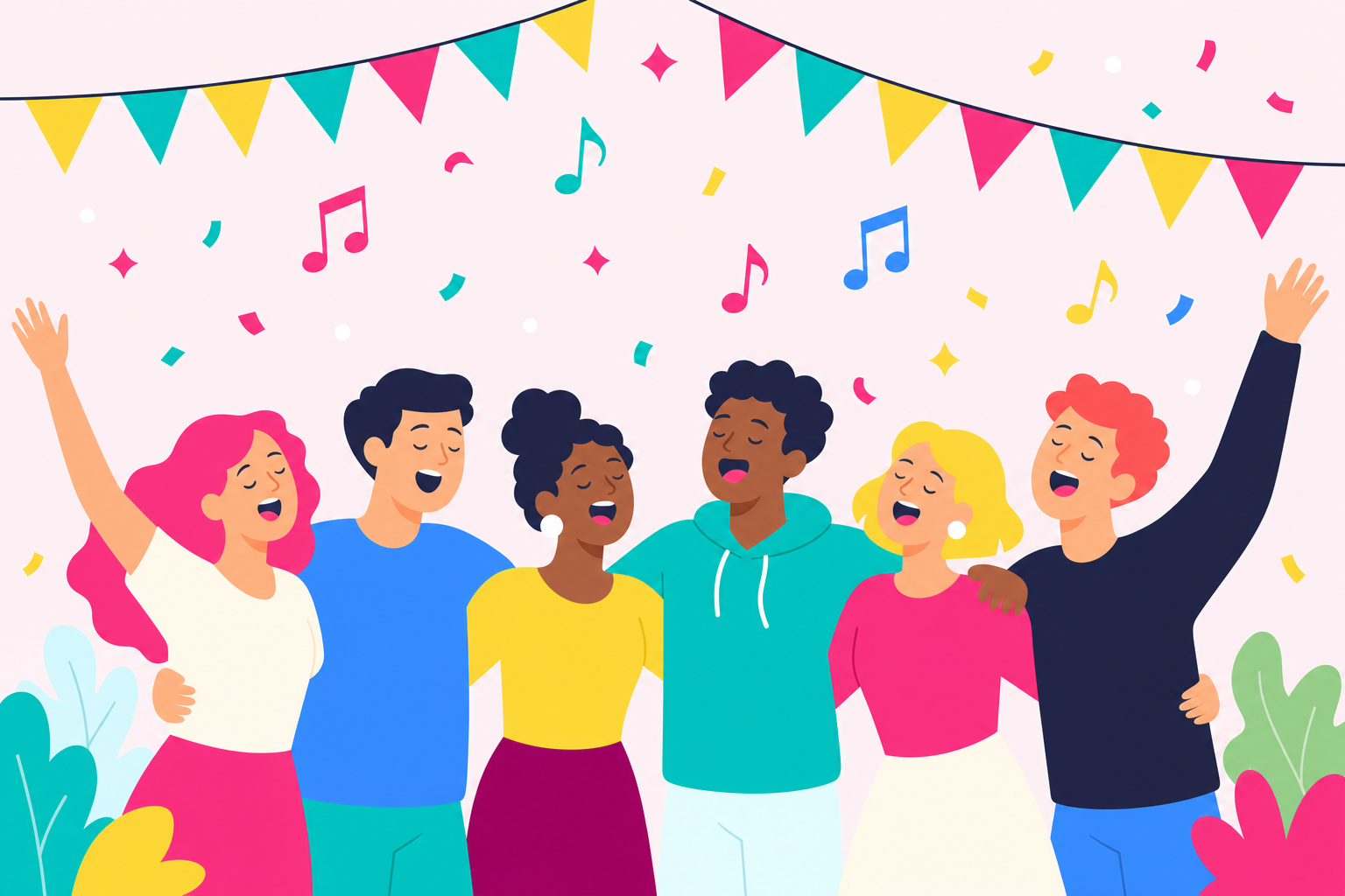 Friends at a celebration singing together under bunting